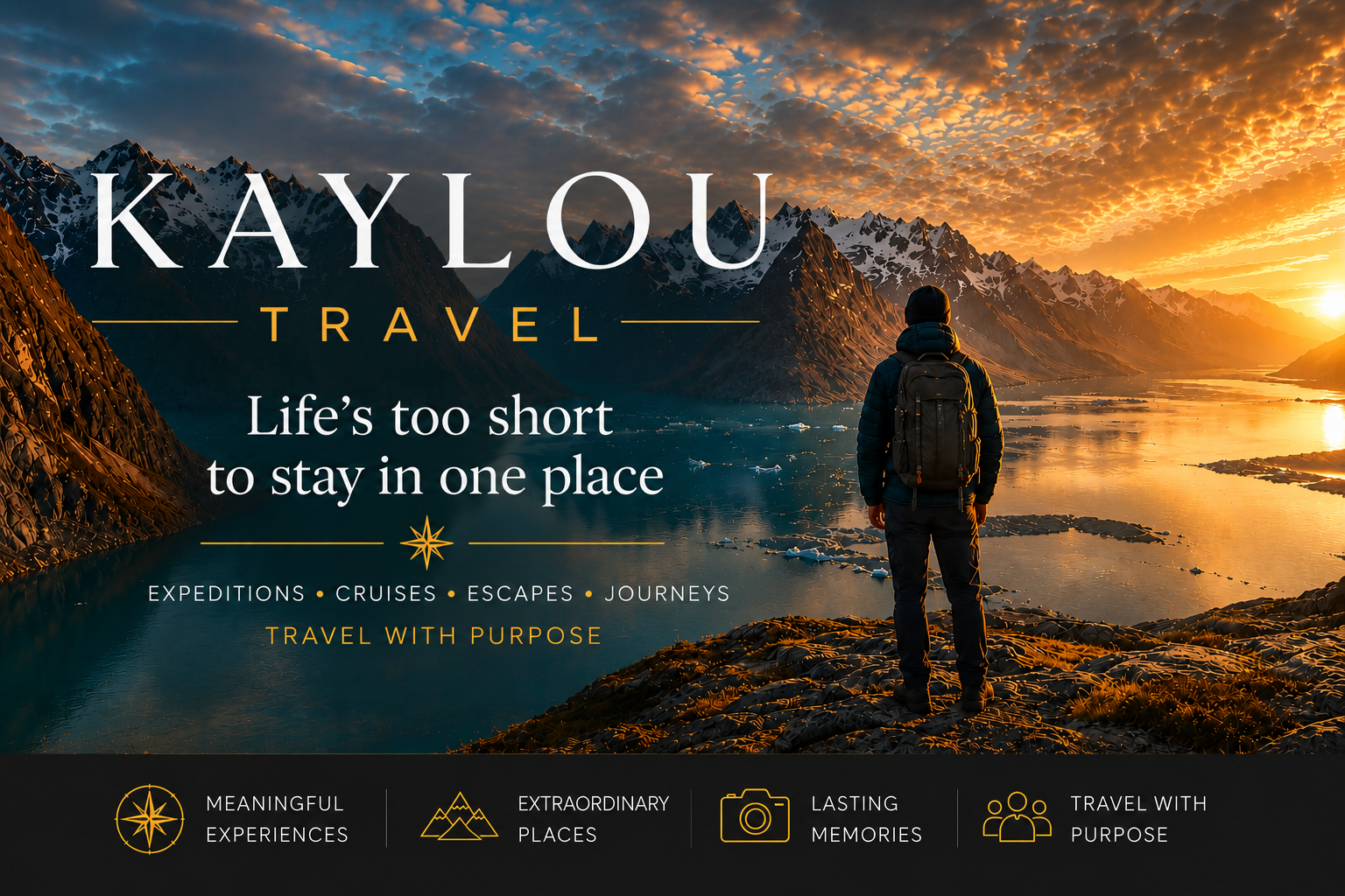 KAYLOU Travel cinematic expedition landscape with mountains, fjord, and traveler